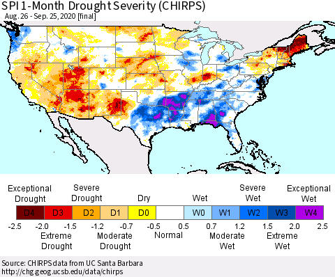 United States SPI 1-Month Drought Severity (CHIRPS) Thematic Map For 8/26/2020 - 9/25/2020