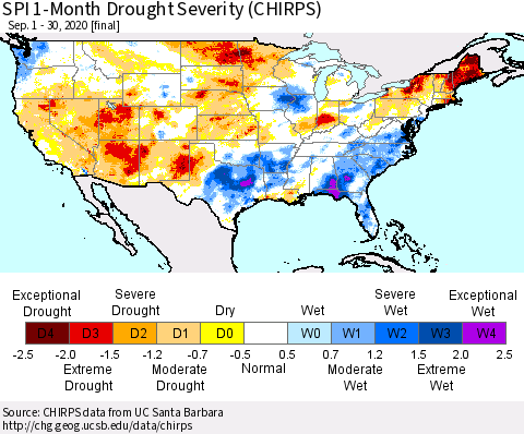 United States SPI 1-Month Drought Severity (CHIRPS) Thematic Map For 9/1/2020 - 9/30/2020