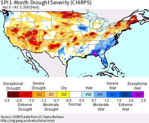 United States SPI 1-Month Drought Severity (CHIRPS) Thematic Map For 9/6/2020 - 10/5/2020