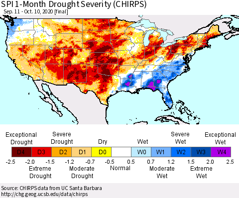 United States SPI 1-Month Drought Severity (CHIRPS) Thematic Map For 9/11/2020 - 10/10/2020