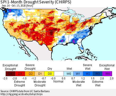 United States SPI 1-Month Drought Severity (CHIRPS) Thematic Map For 9/16/2020 - 10/15/2020