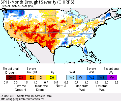 United States SPI 1-Month Drought Severity (CHIRPS) Thematic Map For 9/21/2020 - 10/20/2020