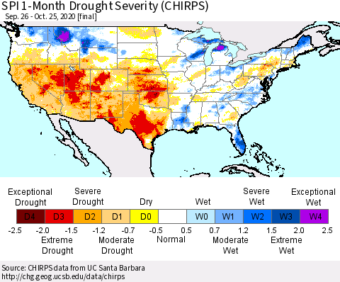 United States SPI 1-Month Drought Severity (CHIRPS) Thematic Map For 9/26/2020 - 10/25/2020