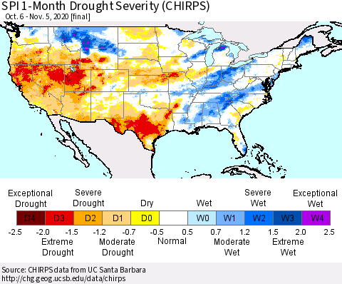United States SPI 1-Month Drought Severity (CHIRPS) Thematic Map For 10/6/2020 - 11/5/2020