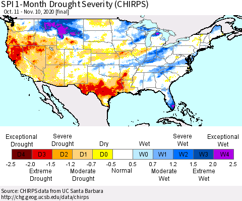 United States SPI 1-Month Drought Severity (CHIRPS) Thematic Map For 10/11/2020 - 11/10/2020