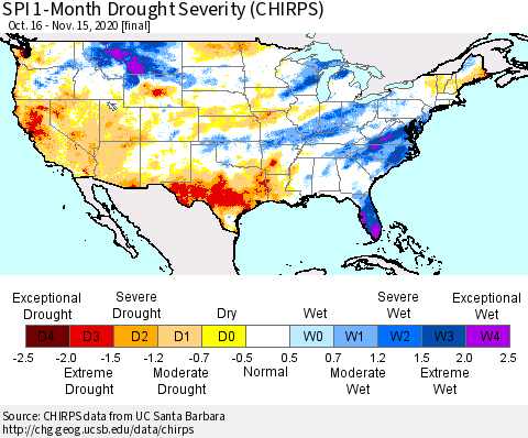 United States SPI 1-Month Drought Severity (CHIRPS) Thematic Map For 10/16/2020 - 11/15/2020