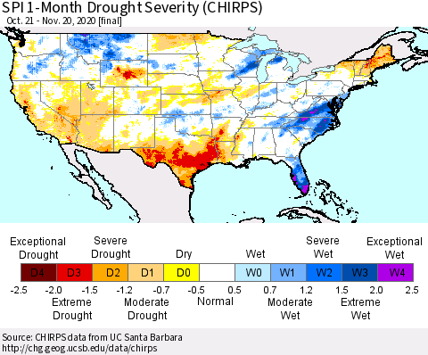 United States SPI 1-Month Drought Severity (CHIRPS) Thematic Map For 10/21/2020 - 11/20/2020