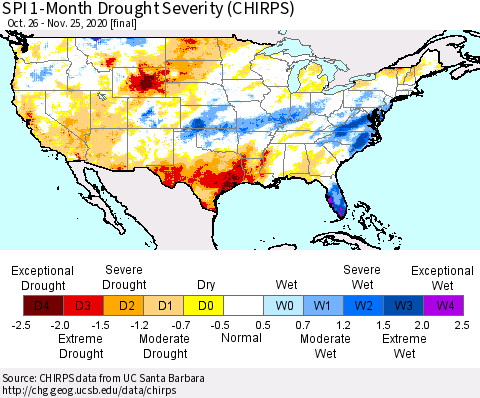 United States SPI 1-Month Drought Severity (CHIRPS) Thematic Map For 10/26/2020 - 11/25/2020