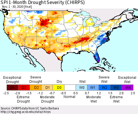 United States SPI 1-Month Drought Severity (CHIRPS) Thematic Map For 11/1/2020 - 11/30/2020