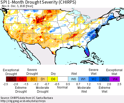 United States SPI 1-Month Drought Severity (CHIRPS) Thematic Map For 11/6/2020 - 12/5/2020