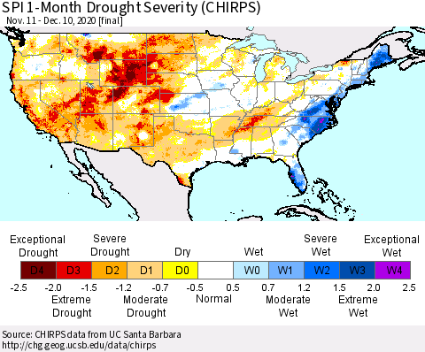 United States SPI 1-Month Drought Severity (CHIRPS) Thematic Map For 11/11/2020 - 12/10/2020