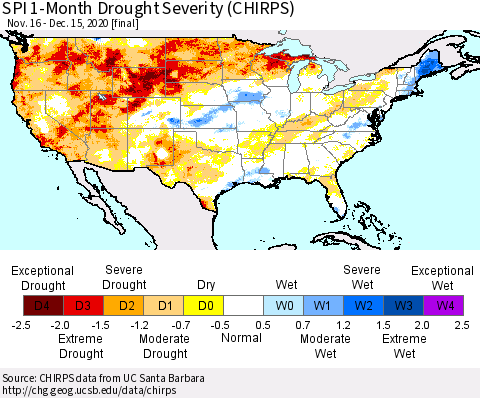 United States SPI 1-Month Drought Severity (CHIRPS) Thematic Map For 11/16/2020 - 12/15/2020