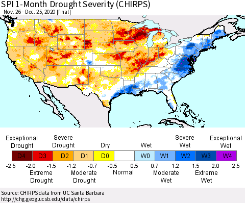 United States SPI 1-Month Drought Severity (CHIRPS) Thematic Map For 11/26/2020 - 12/25/2020