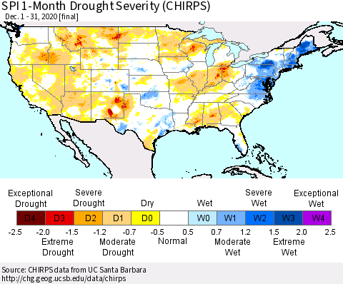 United States SPI 1-Month Drought Severity (CHIRPS) Thematic Map For 12/1/2020 - 12/31/2020