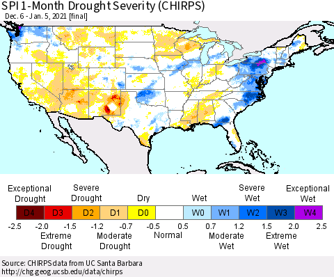 United States SPI 1-Month Drought Severity (CHIRPS) Thematic Map For 12/6/2020 - 1/5/2021