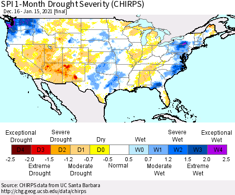 United States SPI 1-Month Drought Severity (CHIRPS) Thematic Map For 12/16/2020 - 1/15/2021