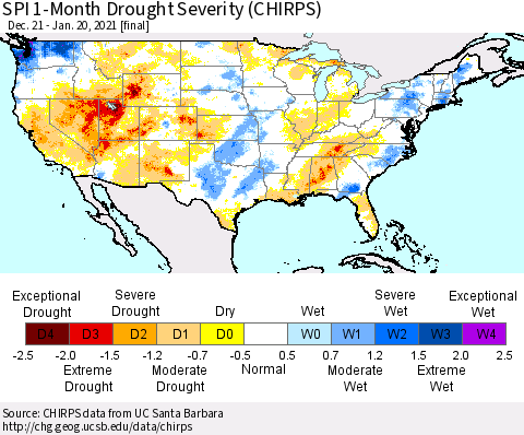 United States SPI 1-Month Drought Severity (CHIRPS) Thematic Map For 12/21/2020 - 1/20/2021