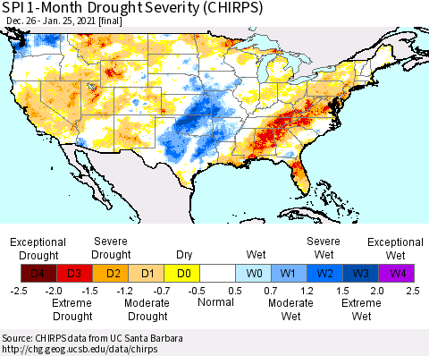 United States SPI 1-Month Drought Severity (CHIRPS) Thematic Map For 12/26/2020 - 1/25/2021