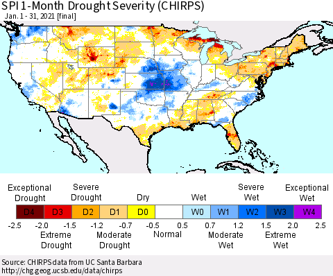 United States SPI 1-Month Drought Severity (CHIRPS) Thematic Map For 1/1/2021 - 1/31/2021