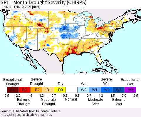 United States SPI 1-Month Drought Severity (CHIRPS) Thematic Map For 1/11/2021 - 2/10/2021