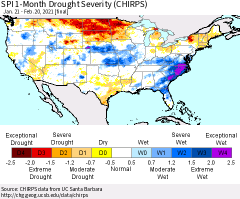 United States SPI 1-Month Drought Severity (CHIRPS) Thematic Map For 1/21/2021 - 2/20/2021