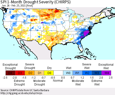 United States SPI 1-Month Drought Severity (CHIRPS) Thematic Map For 1/26/2021 - 2/25/2021