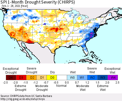 United States SPI 1-Month Drought Severity (CHIRPS) Thematic Map For 2/1/2021 - 2/28/2021