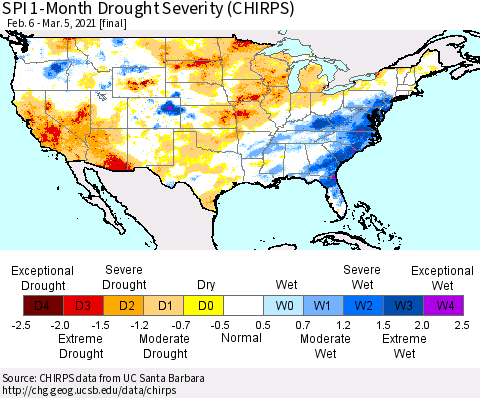 United States SPI 1-Month Drought Severity (CHIRPS) Thematic Map For 2/6/2021 - 3/5/2021