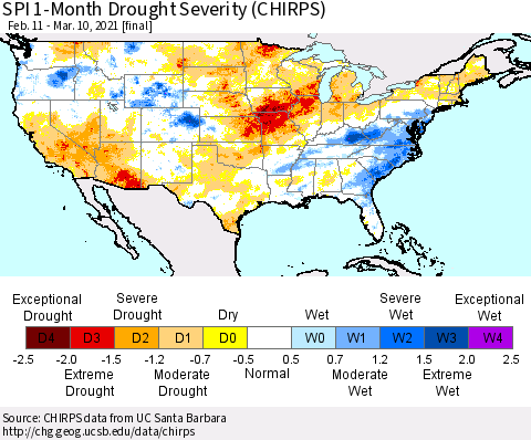 United States SPI 1-Month Drought Severity (CHIRPS) Thematic Map For 2/11/2021 - 3/10/2021