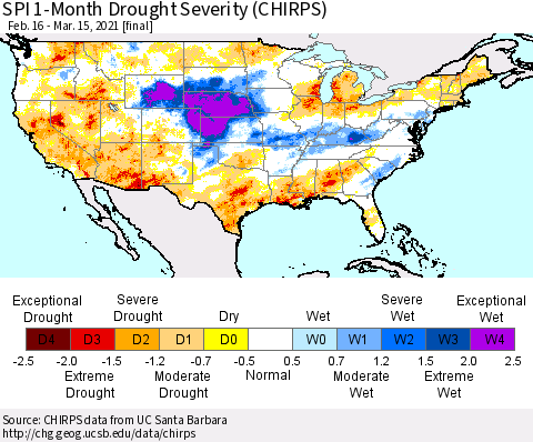 United States SPI 1-Month Drought Severity (CHIRPS) Thematic Map For 2/16/2021 - 3/15/2021