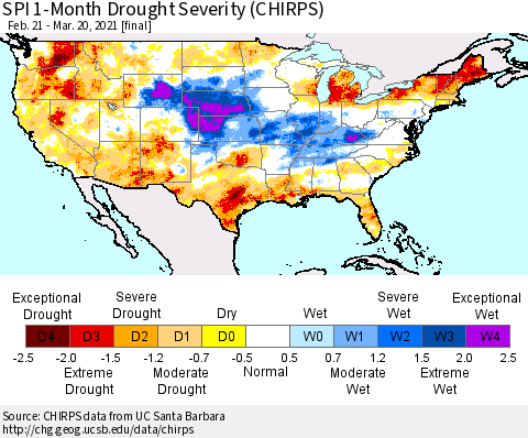 United States SPI 1-Month Drought Severity (CHIRPS) Thematic Map For 2/21/2021 - 3/20/2021