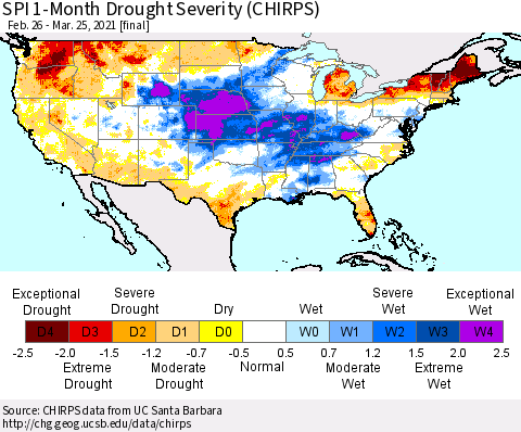United States SPI 1-Month Drought Severity (CHIRPS) Thematic Map For 2/26/2021 - 3/25/2021