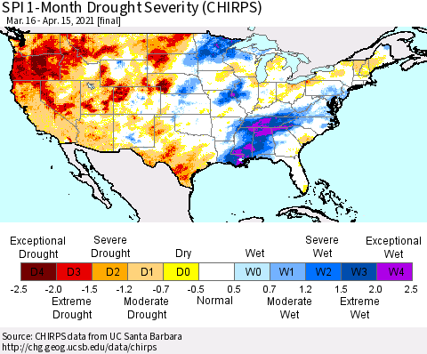United States SPI 1-Month Drought Severity (CHIRPS) Thematic Map For 3/16/2021 - 4/15/2021