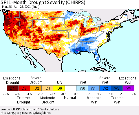 United States SPI 1-Month Drought Severity (CHIRPS) Thematic Map For 3/26/2021 - 4/25/2021