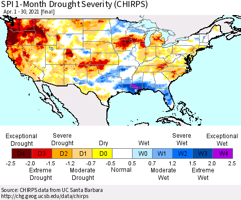 United States SPI 1-Month Drought Severity (CHIRPS) Thematic Map For 4/1/2021 - 4/30/2021