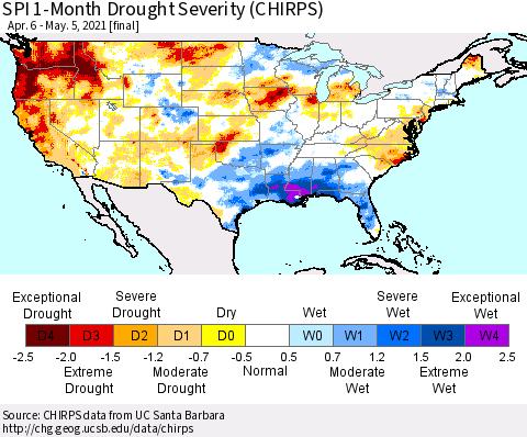 United States SPI 1-Month Drought Severity (CHIRPS) Thematic Map For 4/6/2021 - 5/5/2021