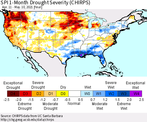 United States SPI 1-Month Drought Severity (CHIRPS) Thematic Map For 4/11/2021 - 5/10/2021