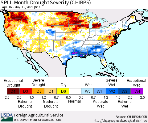 United States SPI 1-Month Drought Severity (CHIRPS) Thematic Map For 4/16/2021 - 5/15/2021