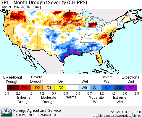 United States SPI 1-Month Drought Severity (CHIRPS) Thematic Map For 4/21/2021 - 5/20/2021
