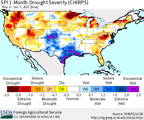 United States SPI 1-Month Drought Severity (CHIRPS) Thematic Map For 5/6/2021 - 6/5/2021