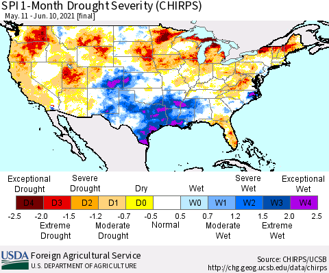 United States SPI 1-Month Drought Severity (CHIRPS) Thematic Map For 5/11/2021 - 6/10/2021