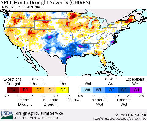 United States SPI 1-Month Drought Severity (CHIRPS) Thematic Map For 5/16/2021 - 6/15/2021