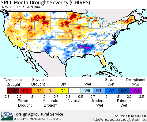 United States SPI 1-Month Drought Severity (CHIRPS) Thematic Map For 5/21/2021 - 6/20/2021