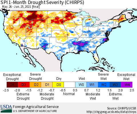 United States SPI 1-Month Drought Severity (CHIRPS) Thematic Map For 5/26/2021 - 6/25/2021