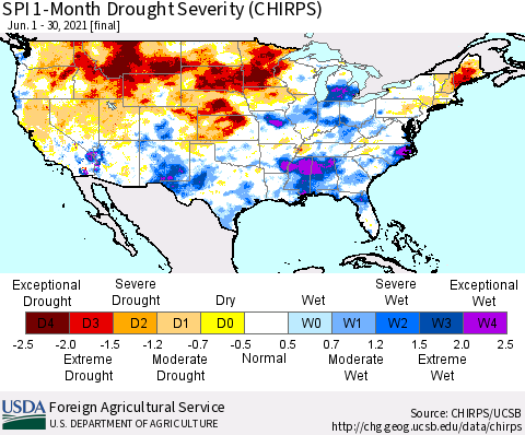 United States SPI 1-Month Drought Severity (CHIRPS) Thematic Map For 6/1/2021 - 6/30/2021