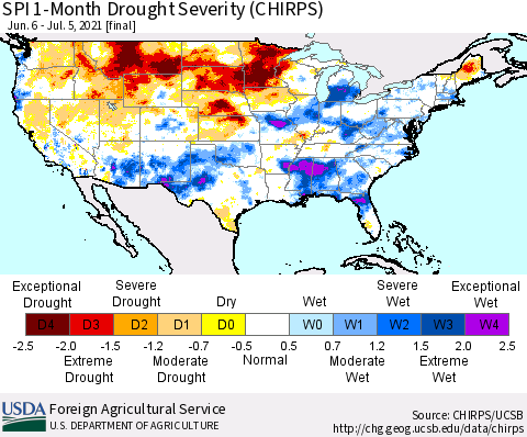 United States SPI 1-Month Drought Severity (CHIRPS) Thematic Map For 6/6/2021 - 7/5/2021