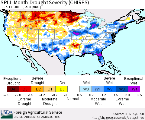 United States SPI 1-Month Drought Severity (CHIRPS) Thematic Map For 6/11/2021 - 7/10/2021