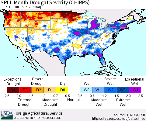 United States SPI 1-Month Drought Severity (CHIRPS) Thematic Map For 6/16/2021 - 7/15/2021