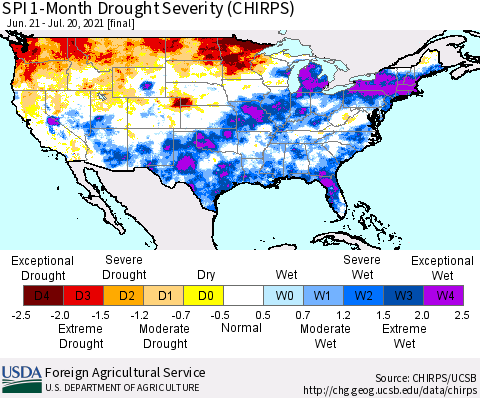 United States SPI 1-Month Drought Severity (CHIRPS) Thematic Map For 6/21/2021 - 7/20/2021