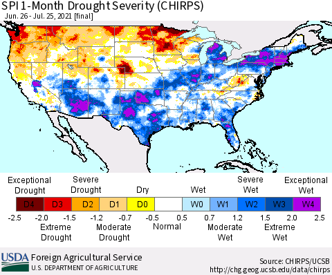 United States SPI 1-Month Drought Severity (CHIRPS) Thematic Map For 6/26/2021 - 7/25/2021